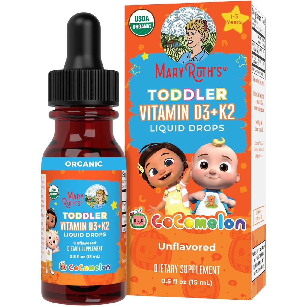 MaryRuth Organics CoComelon Vitamin D3 K2 Flüssige Tropfen für Kleinkinder | Vitamin K2 D3 Ergänzung für Kinder Alter 1-3 | Kalziumabsorption | Starke Knochen | USDA Organic | Sugar Free | 15 mL