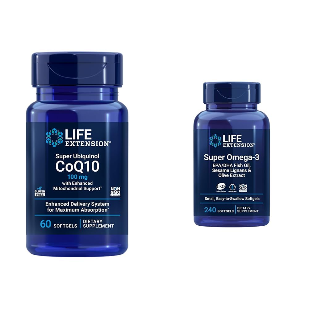Life Extension Super Ubiquinol CoQ10 mit Enhanced Mitochondrial Support, ubiquinol CoQ10 & Super Omega-3 EPA/DHA Fish Oil, Sesam Lignans & Olive Extract - Omega 3 Supplement