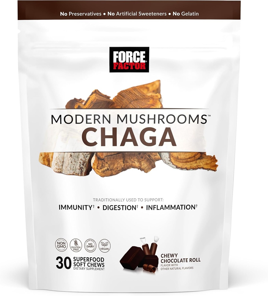 FORCE FACTOR Modern Mushrooms Soft Chews, Chaga Mushrooms Ergänzung zur Unterstützung Immunität, Verdauung, & Gut Gesundheit, Antioxidantien Ergänzung, leckere Chewy Schokolade Roll Flavor, 30 Soft Chews