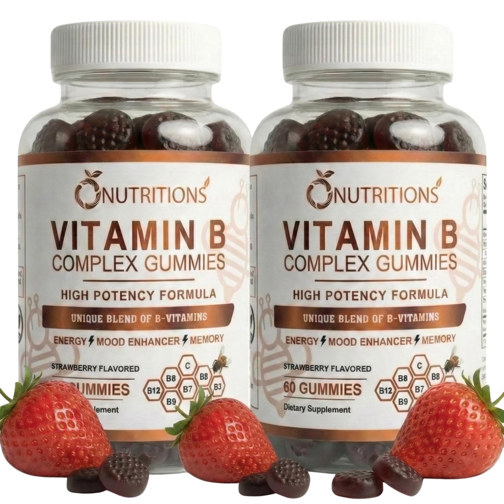O NUTRITIONEN Vitamin B Complex Vegan Gummies mit Vitamin B12, B7 als Biotin, B6, B3 als Niacin, B5, B6, B8, B9 als Folate für Stress, Energie und gesundes Immunsystem (2 Pack)