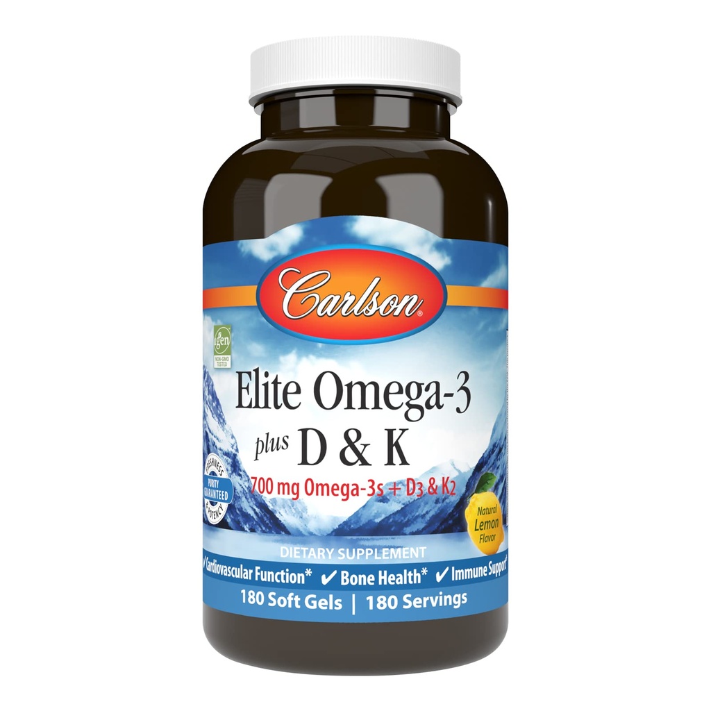 Carlson - Elite Omega-3 Plus D & K, 700 mg Omega-3s + D3 & K2, Funktion, Knochengesundheit und Immununterstützung, Zitronen, 180 Softgels