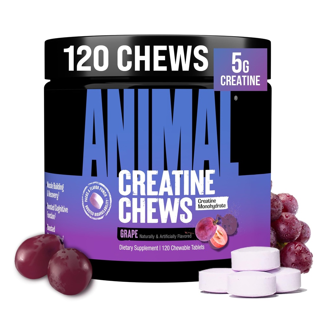 Comprimés à croquer en créatine animale - Monohydrate de créatine amélioré avec AstraGin pour améliorer l'absorption, sel de mer pour les pompes ajoutées, comprimés croustillants délicieux et pratiques - raisin