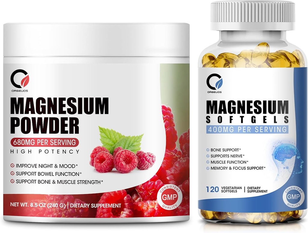 Magnesium Glycinate 400mg Weichgele & 680mg Magnesium Glycinat Komplexes Pulver für Kalm, Nacht & Muskelunterstützung - Vegan, Non GMO
