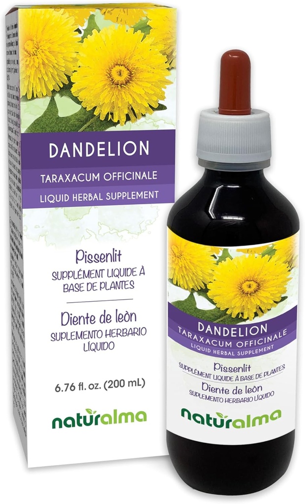 Naturalma Dandelion (Taraxacum officinale) Wurzel und Kräuter Alkoholfreie Tinktur - 6.76 fl oz Flüssiger Extrakt in Tropfen - Kräuterergänzung - Vegan