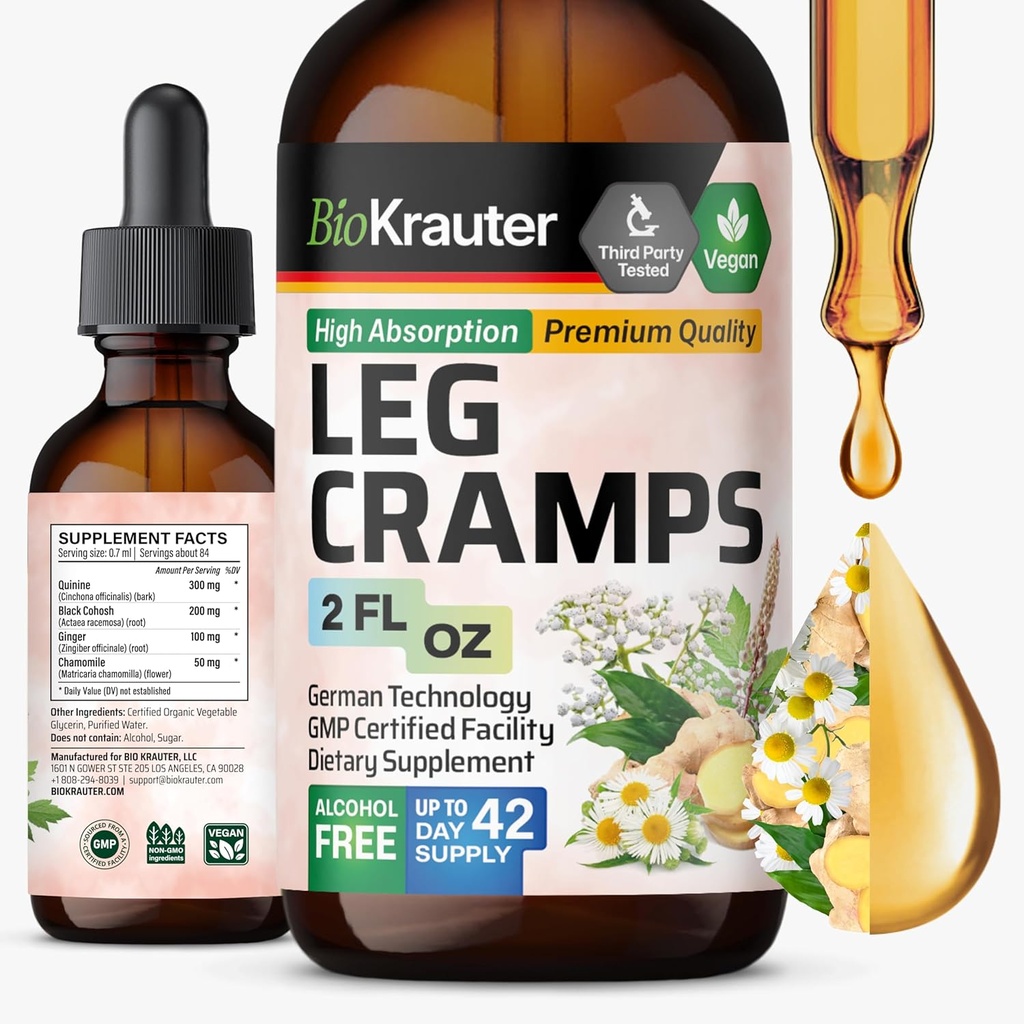 BIO KRAUTER Leg Cramps Tincture mit Quinine - Ginger & Chamomile Flüssige Extrakte für Leg Cramps - Natürliche Alkohol &amp; Zucker freie Formel - Vegan Tropfen 2 Fl.Oz.