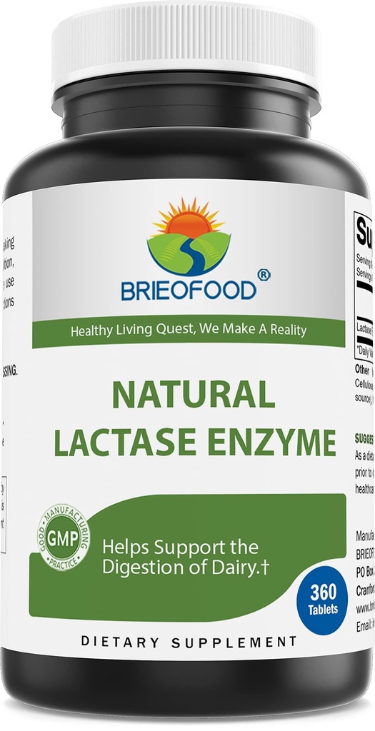 Brieofood Lactase Enzyme Pillen - 3000 FCC ALU - 360 Tabletten - 360 Portionen - Non-GMO, Glutenfrei