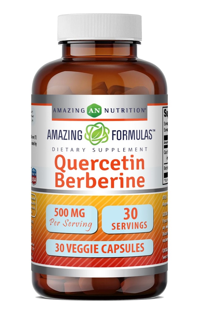 Amazing Formulas Quercetin Berberine | 250 Mg Berberine and 250 Mg Quercetin | Veggie Capsules Supplement | Non-GMO | Gluten Free | Made in USA (30 Count)