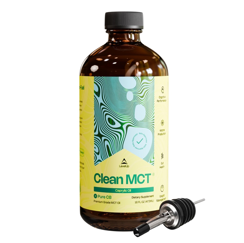 Niveau de nettoyage MCT Huile - 100% Caprylique C8 pour l'énergie, Focus, Gestion du poids, Gut Health, Cerveau Superfuel - Supplément kéto pour café et cétones kétogéniques - Non-OGM (16 oz bouteille de verre)