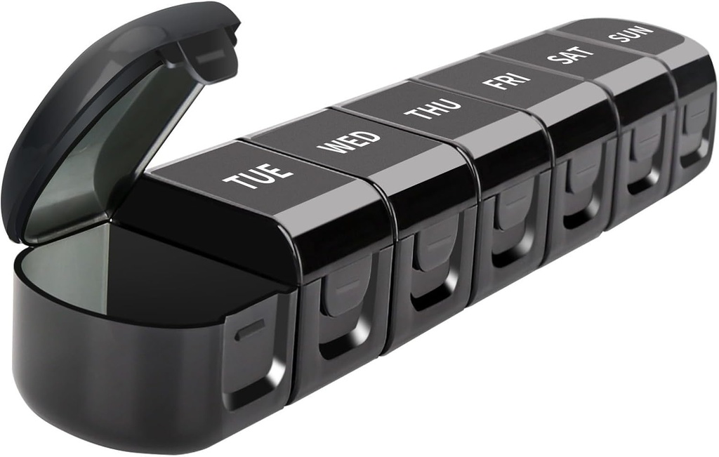 Tägliche Pille Organizer, 7 Kompartments Detachable Medicine Box Container, Schwarz, Reise-Größe Vitamin Planner Reminder, Portable Meds Speicher 7-Tag Halter für Medikamente, Fischöle, Ergänzungen