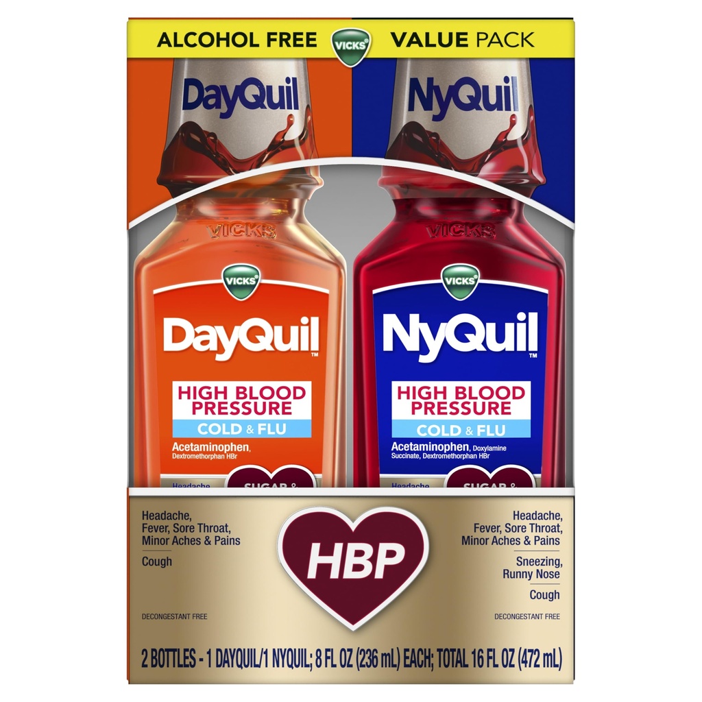 VICKS DayQuil & NyQuil High Blood Pressure Cold & Flu Liquid Medicine Co-Pack, Leistungsstarke Mehr-Symptom Daytime & Nighttime Relief für Kälte, Husten und Flu Symptome, Zucker & Alkoholfrei, 2x8oz