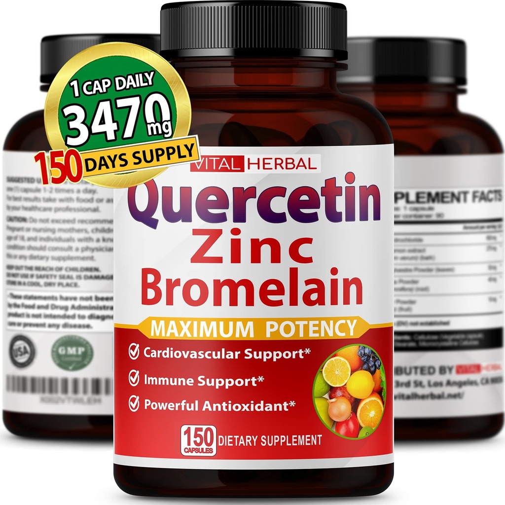 Premium Haute Pureté Quercetin 98% avec Capsules de Bromelain pour une puissance maximale avec Thé Vert Ashwagandha - Soutienne la santé générale Force Énergie - 150 jours