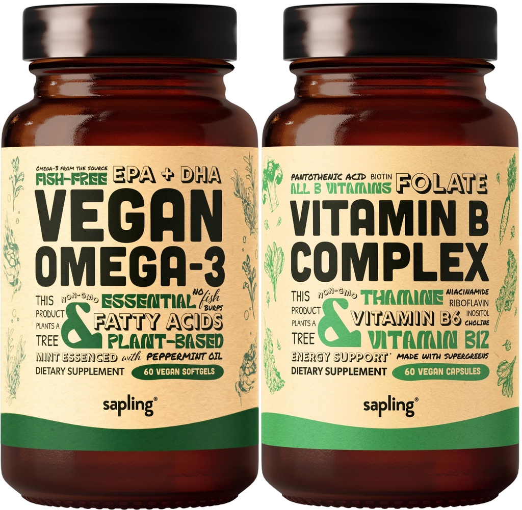 Vegan Omega 3 & Vegan Vitamin B Complex Bundle - Pflanzenbasierte DHA & EPA Fettsäuren, essentielle B Vitamine mit ganzer Nahrungsmischung, B1, B2, B3, B5, B6, B7, Folate