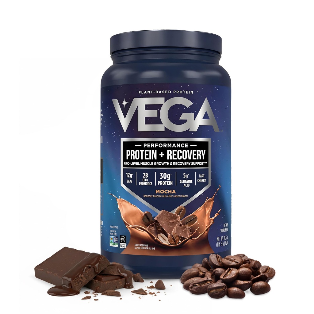 Vega Sport Poudre de protéines végétaliennes + récupération - 30g Protéines végétales par portion, Mocha, 19 portions, 5g BCAA, Probiotiques, NSF certifié, Pour Shakes & Smoothies, 1,8lbs (Packaging May Vary)