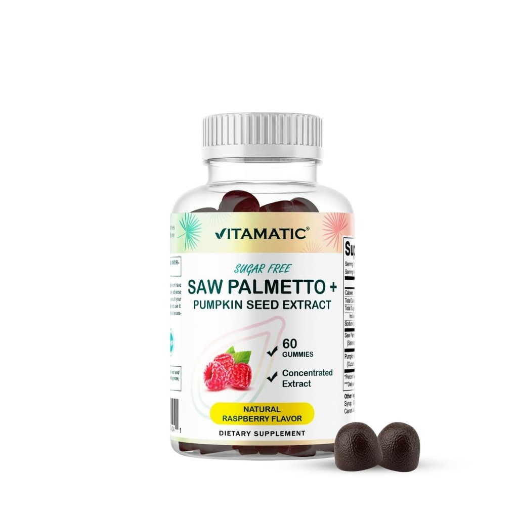 Vitamatic Sugar Free Saw Palmetto mit Kürbis Seed – 3000 mg Äquivalent pro Servieren – Natürliche Himbeere Flavor – 60 Gummis