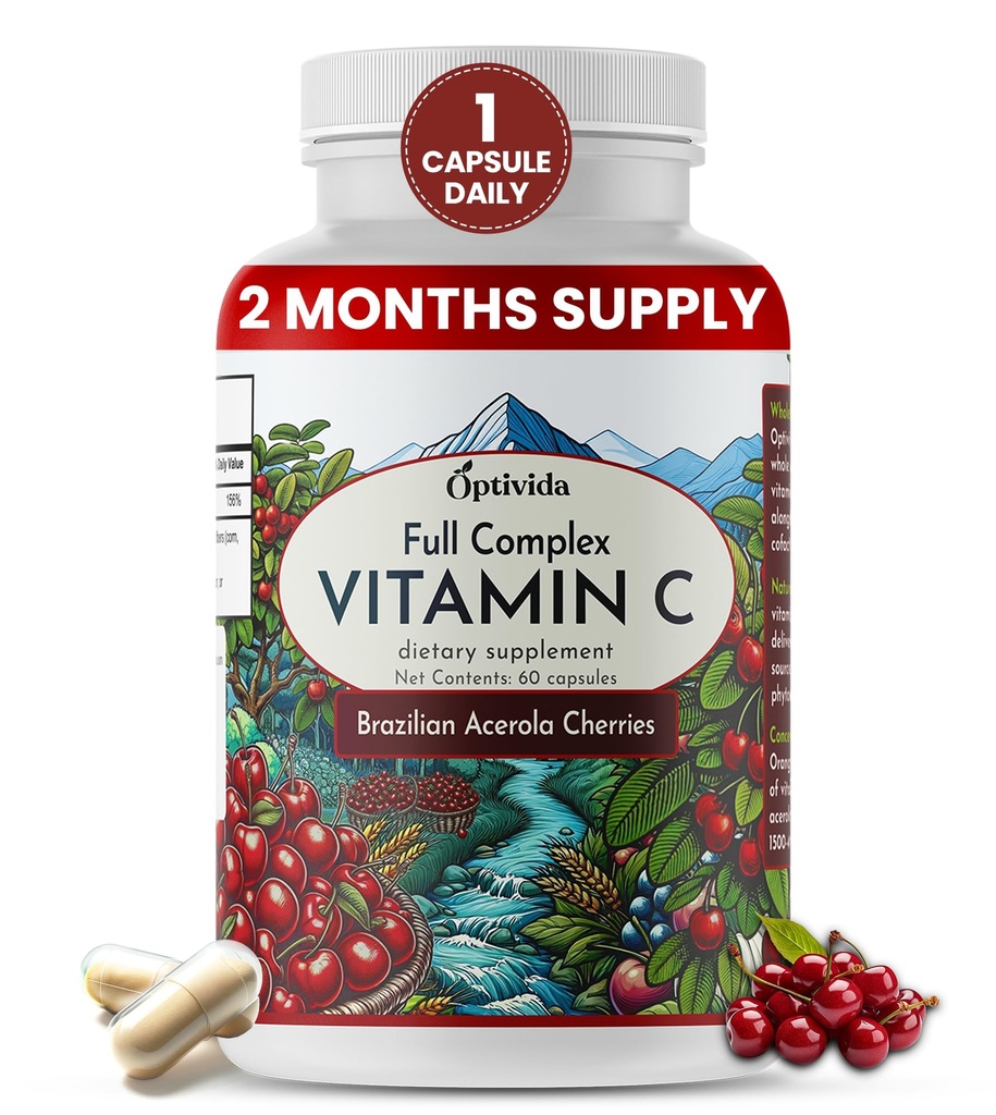 OPTIVIDA Pflanzenbasierte natürliche Acerola Kirschen Vitamin C Kapseln | 60 Graf | Bio Vitamin C | Non Ascorbic Acid Vegan Ergänzung für Immununterstützung, Gesunde Haut & Gelenke