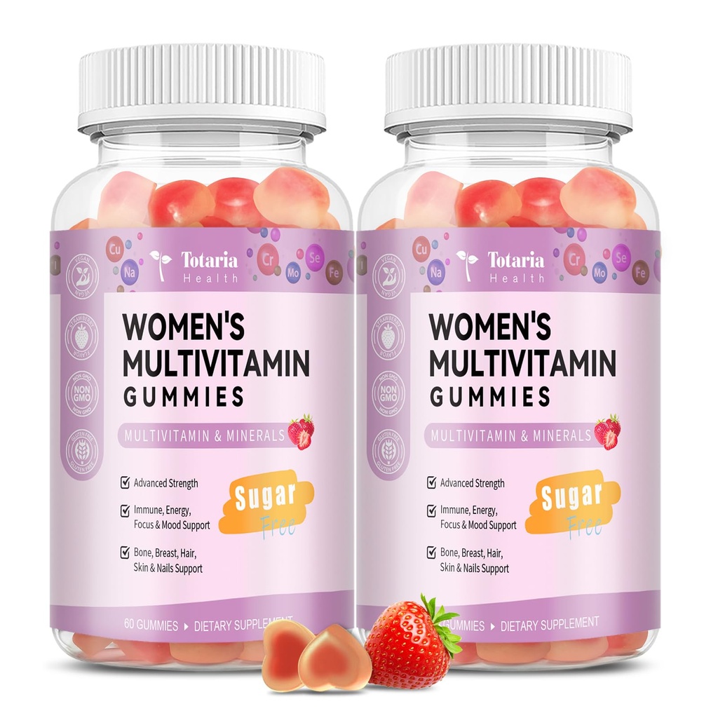 Gommies multivitamines sans sucre Totaria pour femmes 14+ avec/Inositol, Fer, Folate, Biotine, Gommy multivitamines quotidiennes pour femmes avec/Vitamine A, D, C, B, Support cheveux, peau, énergie, Immune, fraise