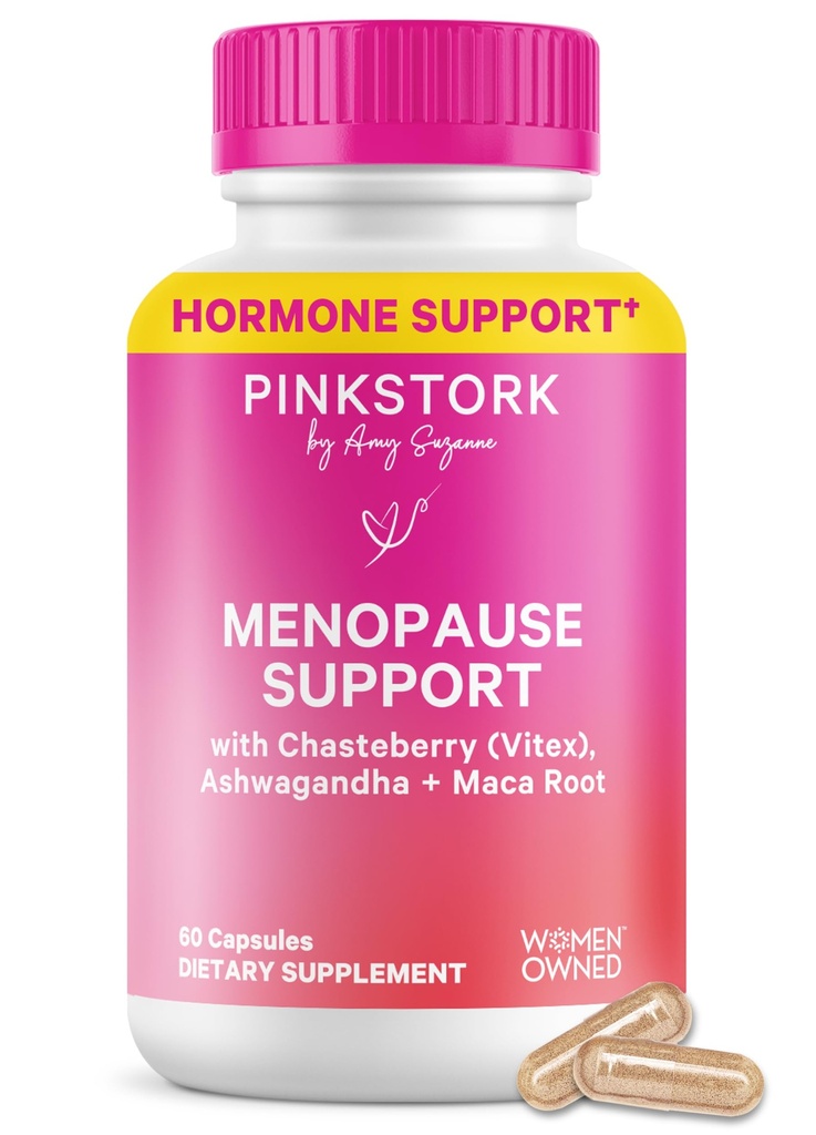Pink Stork Ménopause Support pour les femmes - Flash chaud, l'humeur, le sommeil, le poids, le cortisol et l'équilibre hormonal - Vegan, Estrogen-Free Periménopause Relief - Ashwagandha, Maca - 60 Capsules