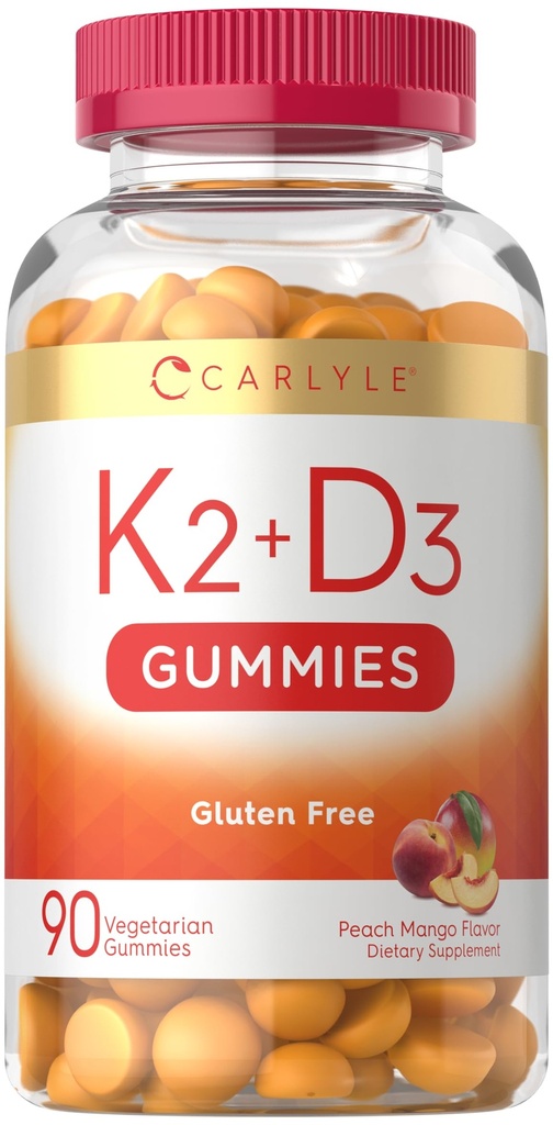 Carlyle Vitamine D3 K2 Gummées : 90 Nombre : 5 000 UI de D3 + 100 mcg MK7 : Supplément végétarien, non OGM et vitamine sans gluten