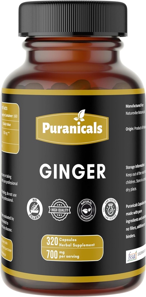 Ginger Premium 320 Kapseln Non GMO und Gluten Free | Kräuterergänzung | 700 mg pro Servieren | Hergestellt mit 100% reines Ginger Wurzelpulver