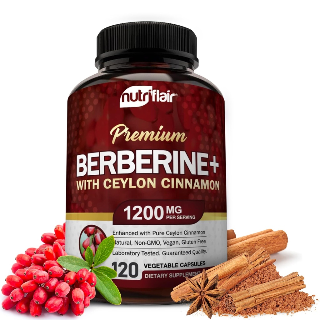 NutriFlair Premium Berberine HCL 1200mg, 120 Capsules - Plus Pure True Ceylan Cinnamon, Berberine HCI Root Suppléments Pills - Système immunitaire - donne un HCl optimal 8%