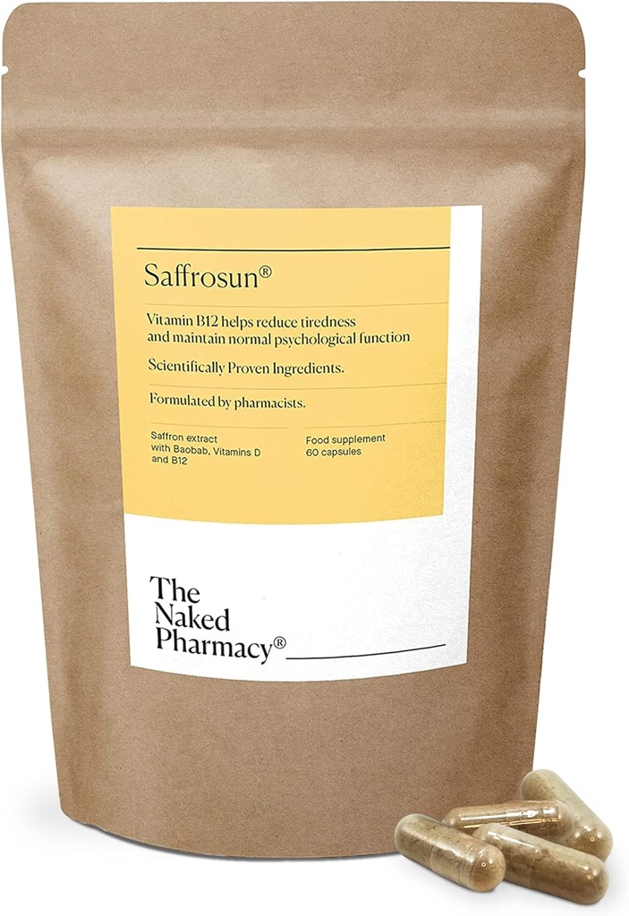 THE NAKED PHARMACY | Saffrosun | Natürliche Saffron Ergänzungen mit Vitamin B12 | Hohe Festigkeit | Fatigue & Menopause | Keine Zusatzstoffe | Vegan | 60 Kapseln
