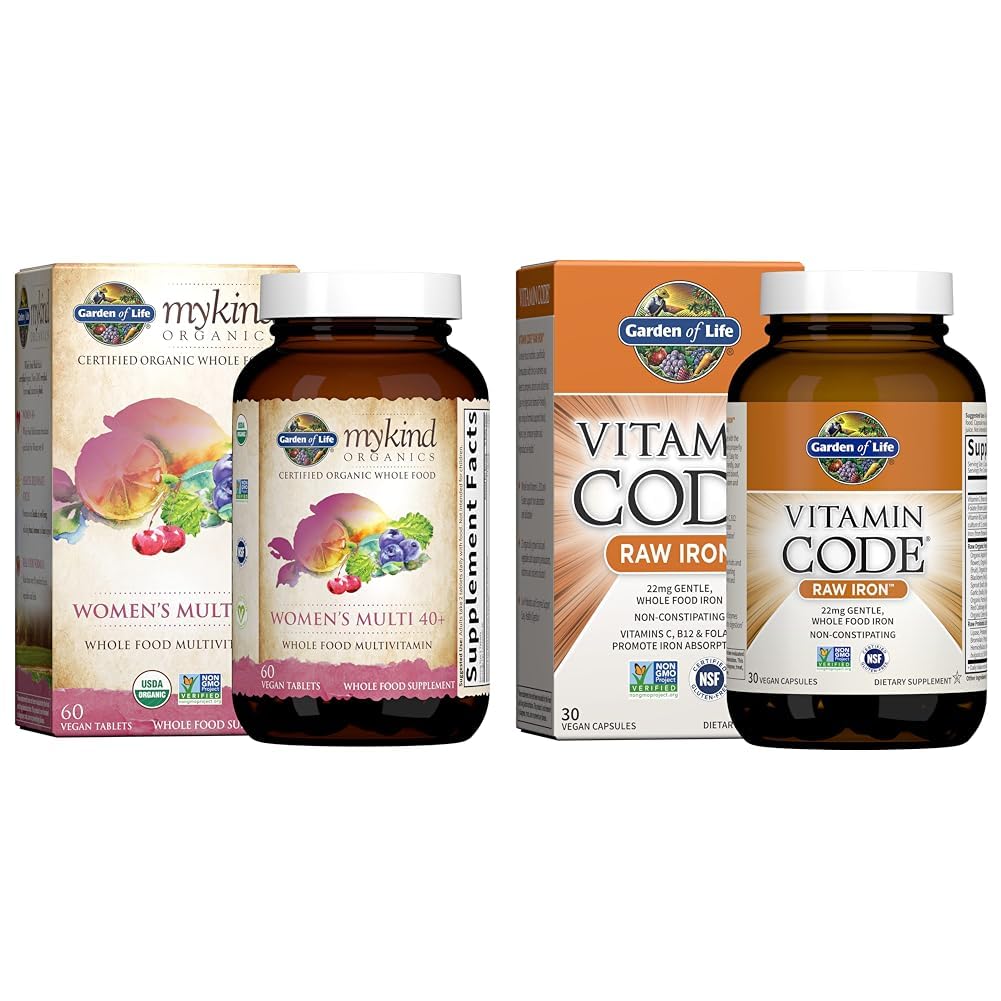 Jardin de la vie Organiques Vitamines pour les femmes 40+ - 60 Comprimés, Femmes Multi 40+, Vitamines et Code Vitamine Fer brut 30ct Capsules