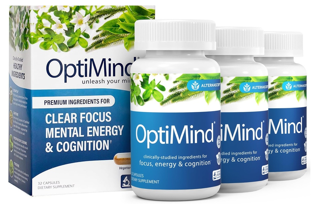 Supplément Cerveau de Bacopa Monnieri Optimind pour mémoire et focus, Nootropics avec Phosphatidylsérine, Huperzine A, Non-OGM, Ingrédients cliniques, 96 Capsules