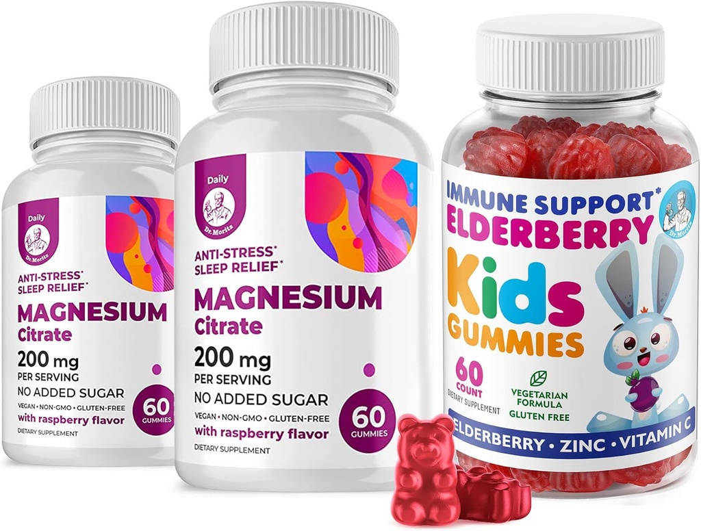 Elderberry-Gummien für Kinder und Magnesium 200 mg Gummis Sugar-Free - Gesunde Immunsystem Booster und Health Support mit Elderberries Extrakt mit Magnesium-Kalk-Schuhe für Kinder & Erwachsene Zuckerfrei