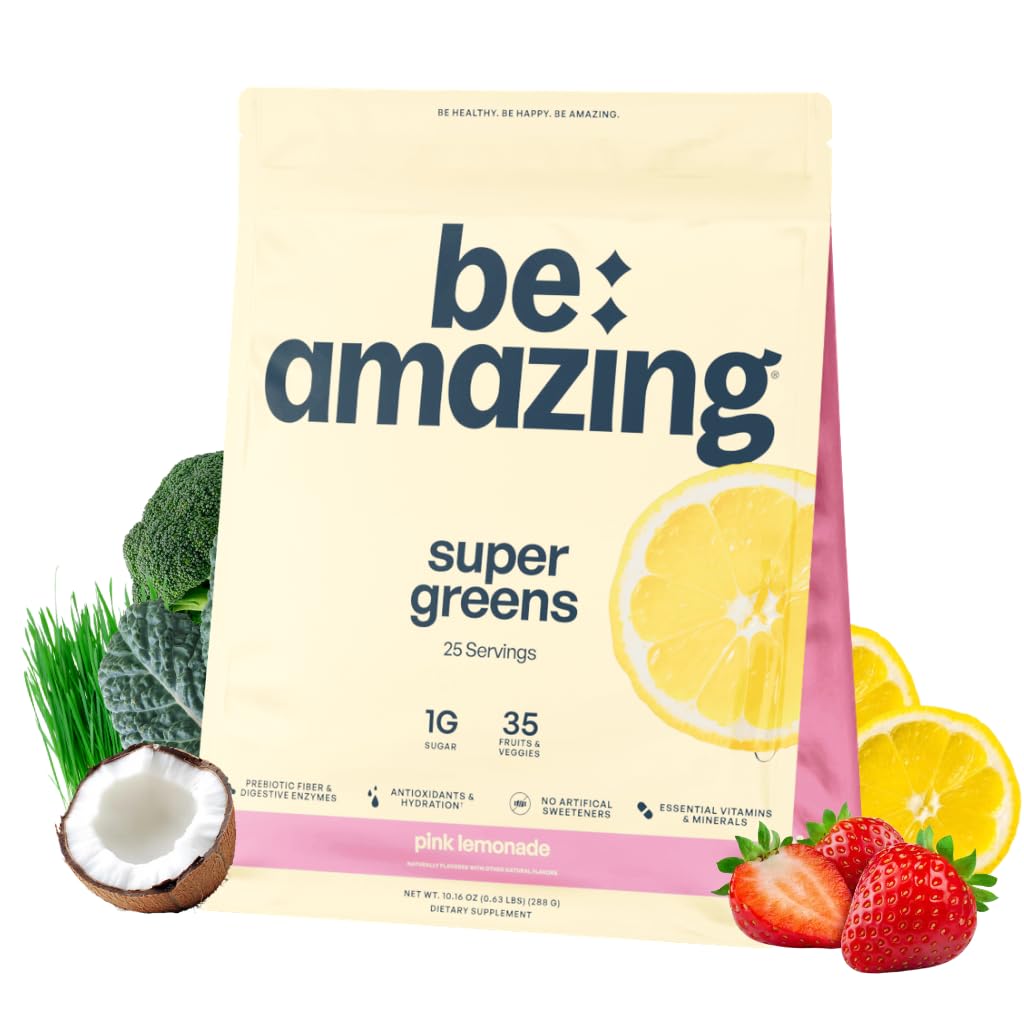 BE AMAZING Super Greens Pulver mit Präbiotika, Verdauungsenzyme & Antioxidantien, 35 Früchte & Veggies, Elektrolyte & Fiber, Vegan, Gluten Free Juice & Smoothie Mix, Pink Lemonade, 25 Portionen