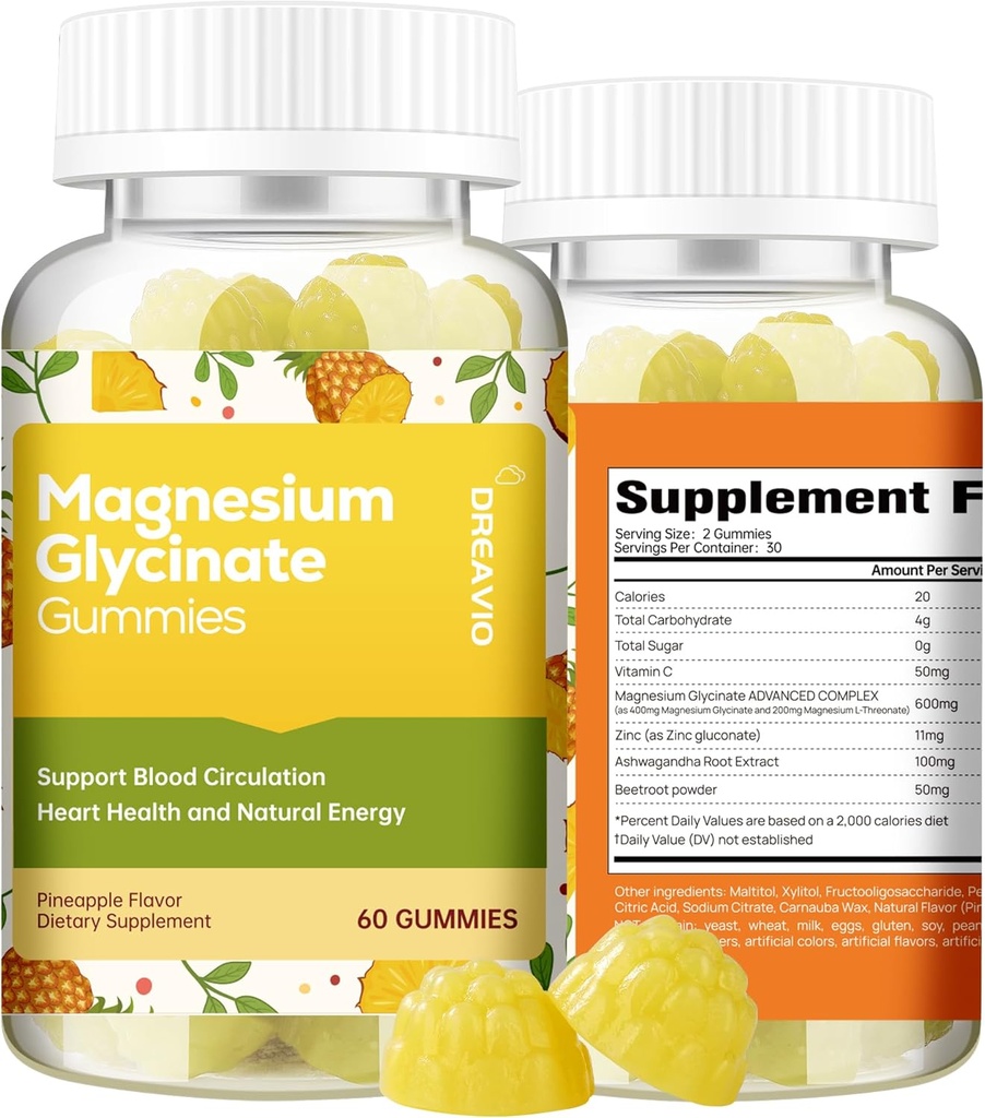 60 Graf Magnesium Glycinate Gummie 400mg w/Ashwagandha Beilage - Zuckerfreie Zink Magnesium Glycinat Beilage Ashwagandha Gummie für Erwachsene Ananas Flavor