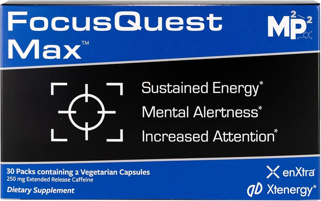 FocusQuest Max Focus Supplement mit erweiterter Release Koffein und L-Theanin, Nootropic Supplement für Energie und Produktivität - Vegan, Gluten-Free für Profis, Studenten, vollwertige Mütter und Fitness