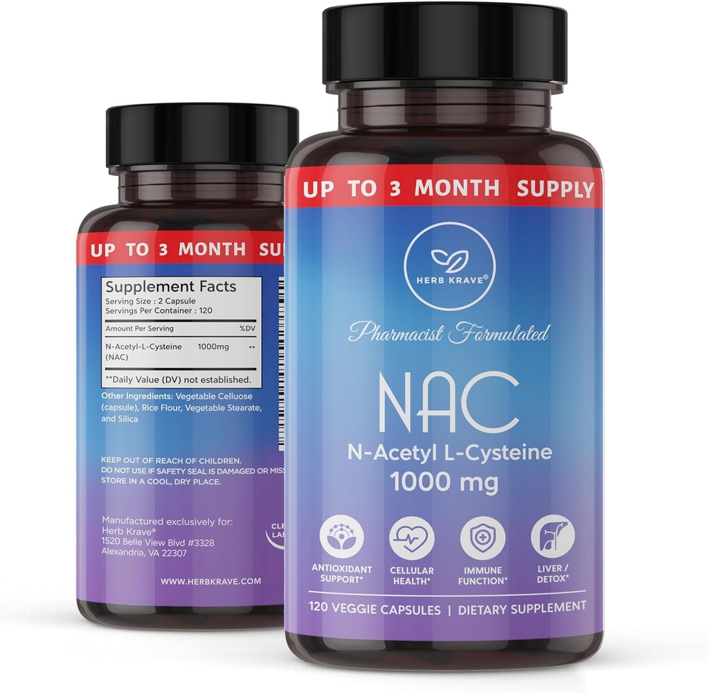 NAC Supplement N-Acetyl Cystein 1000 mg, Aminosäure, natürliches Antioxidans, Unterstützung für Leber, Lung, Immunsystem, Fertilität | 120 N-Acetyl-L-Cystein Kapsel