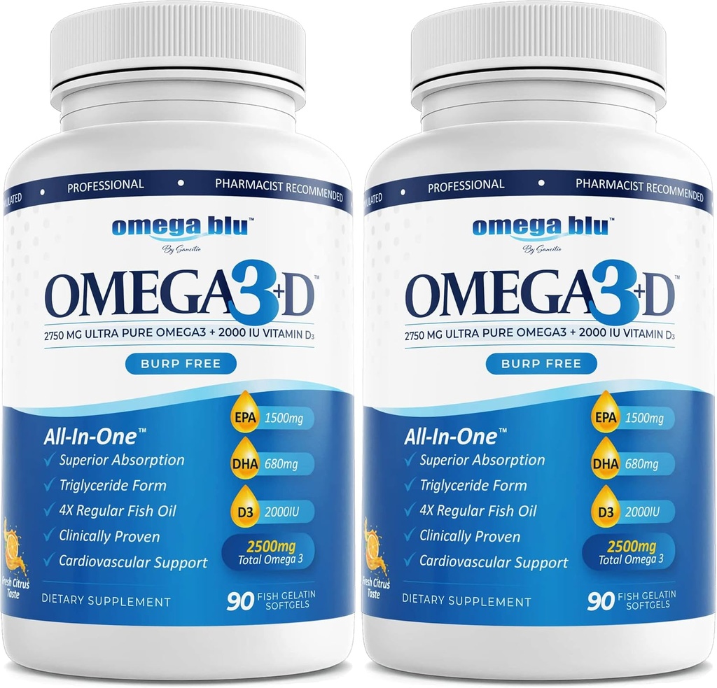 Triple Strength Pharmaceutical Grade Fish Oil 2750mg - Vitamin D3 50mcg - 1500mg EPA - 680mg DHA - Herz - Cholesterol - LDL - HDL - No Burps or Heartburn - High Concentration - 90 Portionen