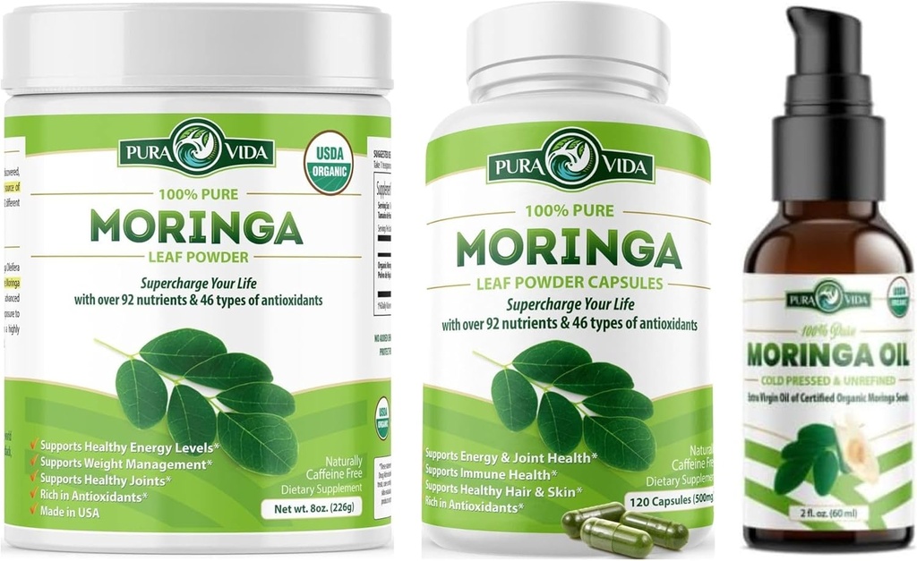 PURA VIDA MORINGA Poudre 8 oz Capsules (120 Nombre) et Huile de Moringa Biologique (2fl oz)