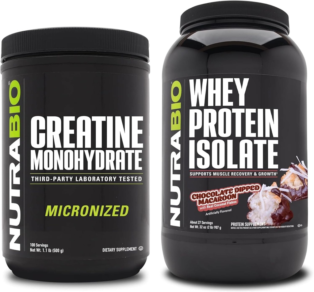 NutraBio Creatine Monohydrate, Unflavored, 500g und Whey Protein Isolate, Schokolade getippt Macaroon, Supplement Bundle - Muskelenergie, Lean Muskelwachstum, Erholung und Stärke