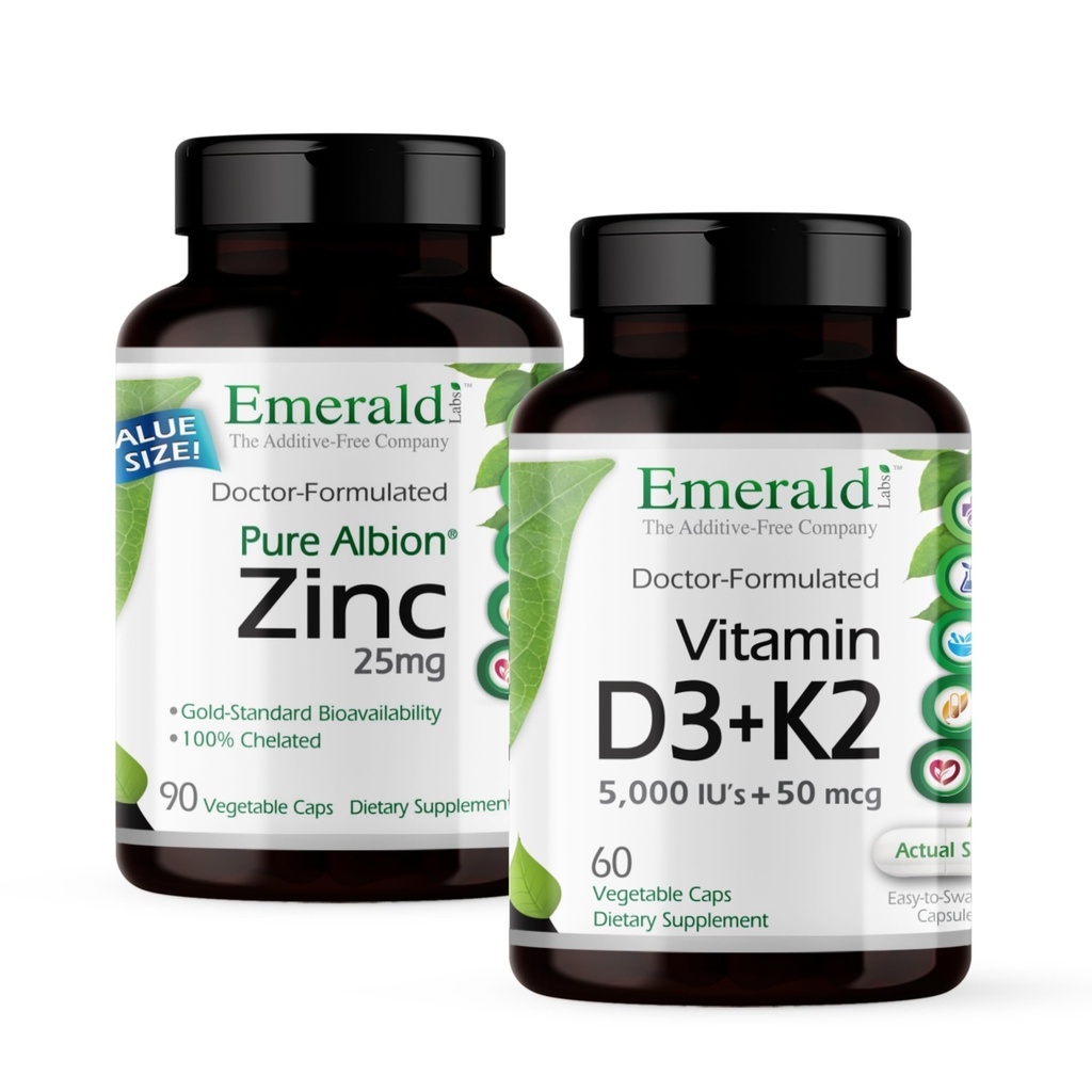 EMERALD LABS Vitamin D3+K2 (60 Caps) & Zink 25mg (90 Caps) - Knochengesundheit, Herzunterstützung, Immununterstützung, Verdauungsgesundheit, oxidative Stressunterstützung - Glutenfrei