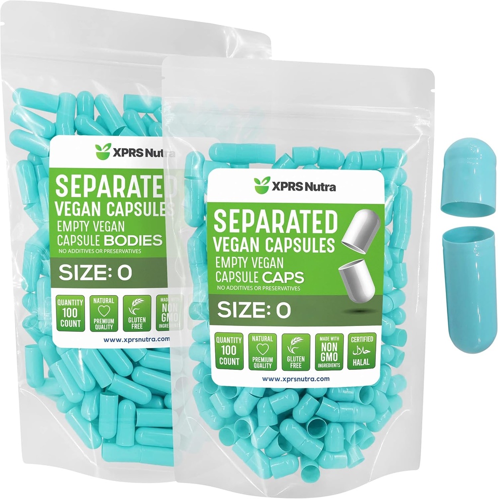 XPRS Nutra Vegan Größe 0 Getrennte Kapseln - 100 Count Premium Leere Kapseln Getrennt in Taschen - 0 Pillen für DIY Ergänzung Füllung (Aqua)