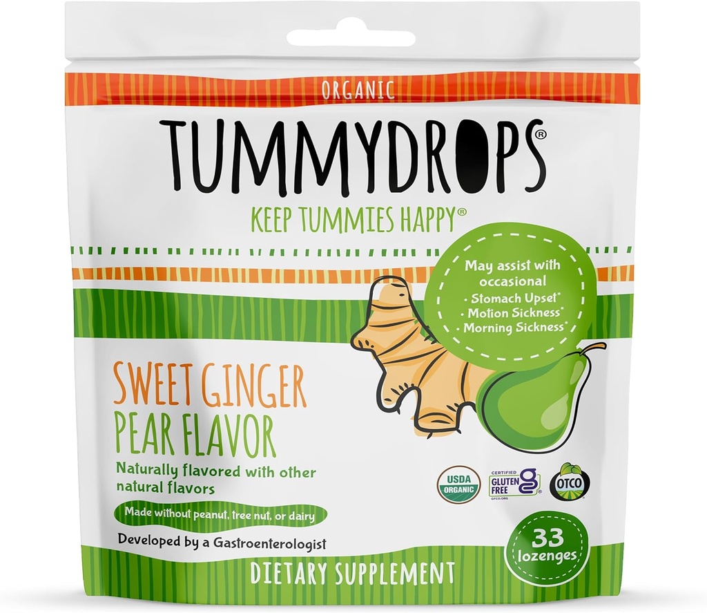 Tummydrops de poire à gingembre biologique de l'USDA, sans gluten et végétalien.