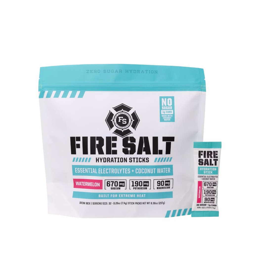 Fire Science Fire Salt Hydration Sticks, Electrolytes & Coconut Water, Hydration Drink Mix with Magnesium, Potassium & Sodium, Zero Sugar, Single Serve On the Go Packs, Watermelon Flavor, 32 Count