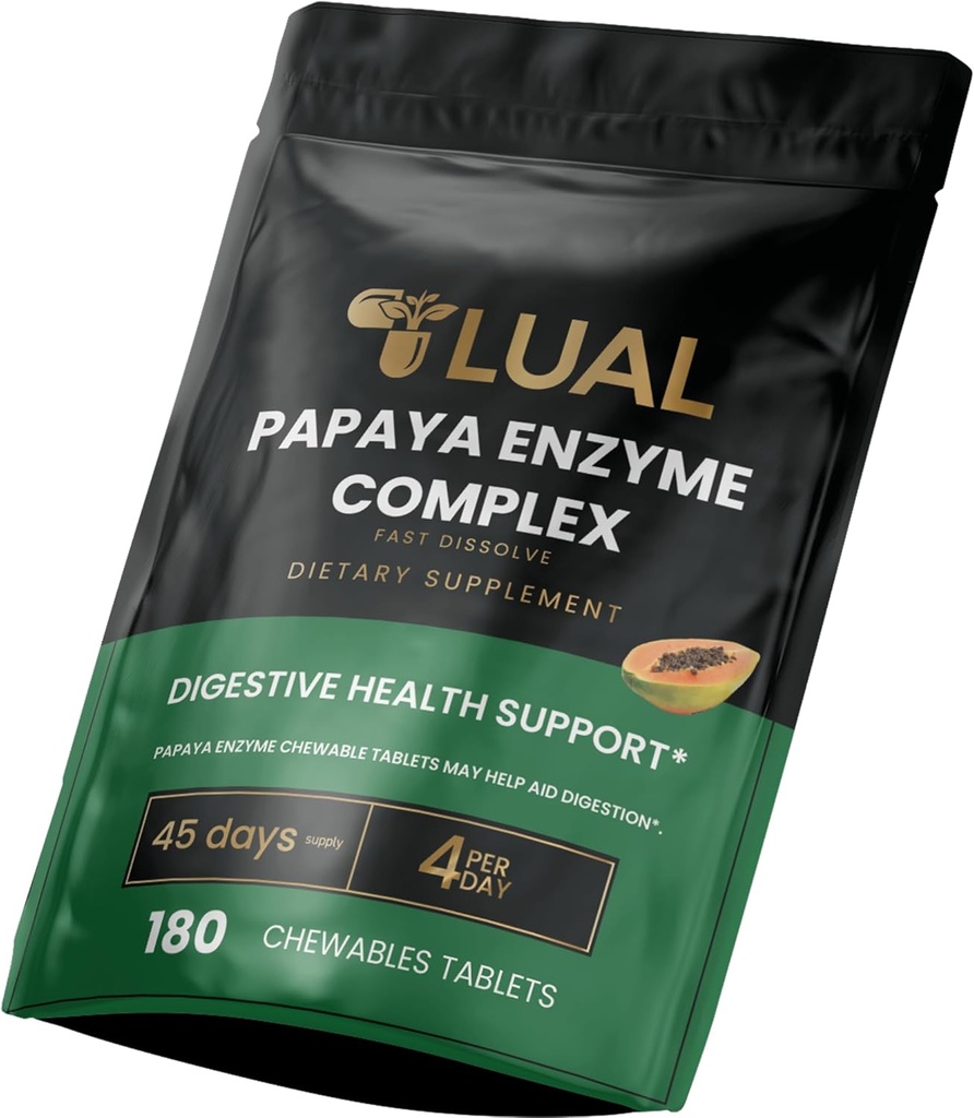 LUAL Papaya Enzyme Complex – Kautabletten mit Papain, Bromelain & Digestive Enzyme – Unterstützt Verdauung & Nährstoffabsorption – Natürliche Papaya Flavor – 180 Count