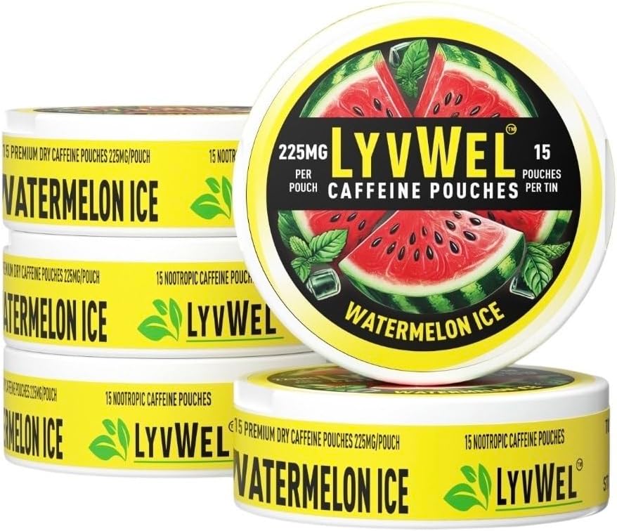 LyvWel 225mg Caffeine Energy Pouches – Watermelon Ice 5-Pack (75 Pouches) – Refreshing Energy & Focus – Guarana-Enhanced Clean Boost for Workouts & Grind