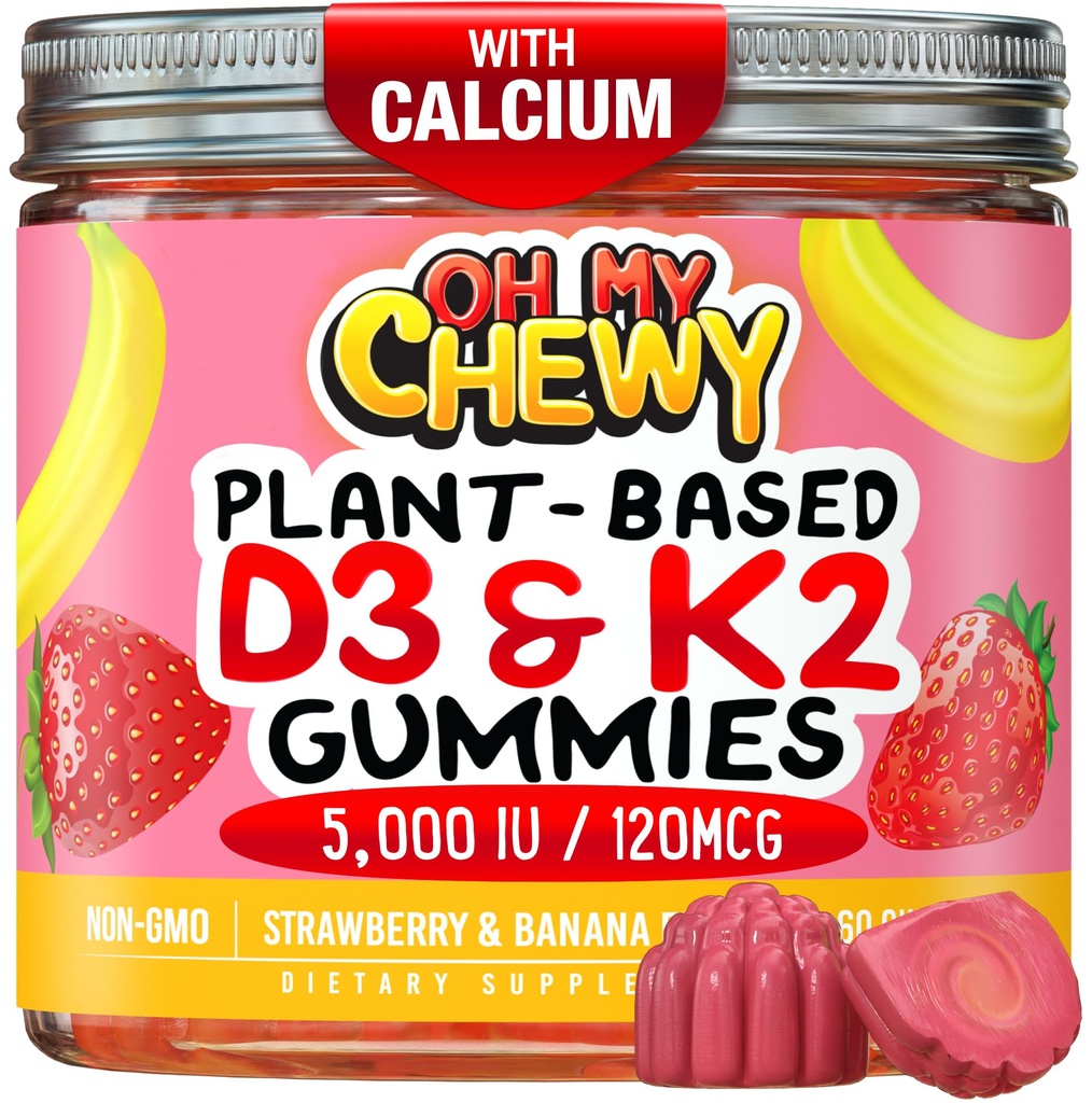 Center-Filled Vitamin D3 K2 Gummi - Kinder, Jugendliche & Erwachsene - Ergänzung für gesunde Zähne, Knochen, Energie & Immunität - 5000 IU D3, 120 mcg K2(MK-7), 120 mg Calcium - Vegan & Non-GMO - 120 Count