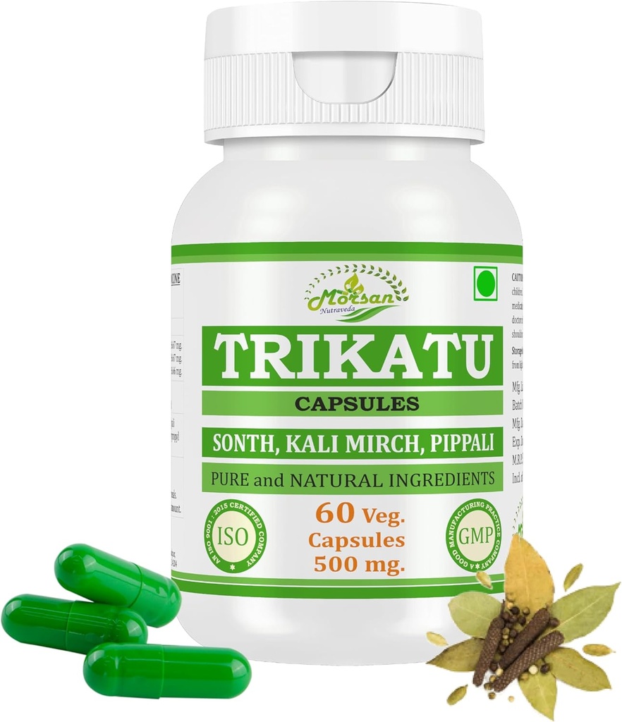Natural and Pure Herbal Trikatu (Pippali, Kali Mirch, Sonth) Extract Capsules | Highest Potency, 100% Herbal Product | Pack of 60 X 500 mg. Veg. Capsules (Pack of 1 Jar)