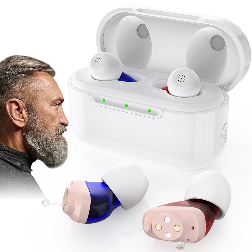 Aides auditives OTC rechargeables pour les personnes âgées - 16 canaux et 4 modes Amplificateur d'audition avec annulation de bruit, dispositif intra-auriculaire invisible avec étui de charge pour adultes