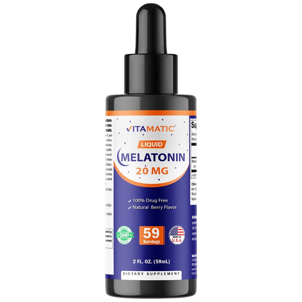 Mélatonine vitamatique 20mg gouttes liquides – 2 once fluide (59ml) – Saveur de baie naturelle – pour les adultes – Non-OGM – Supplément végétarien