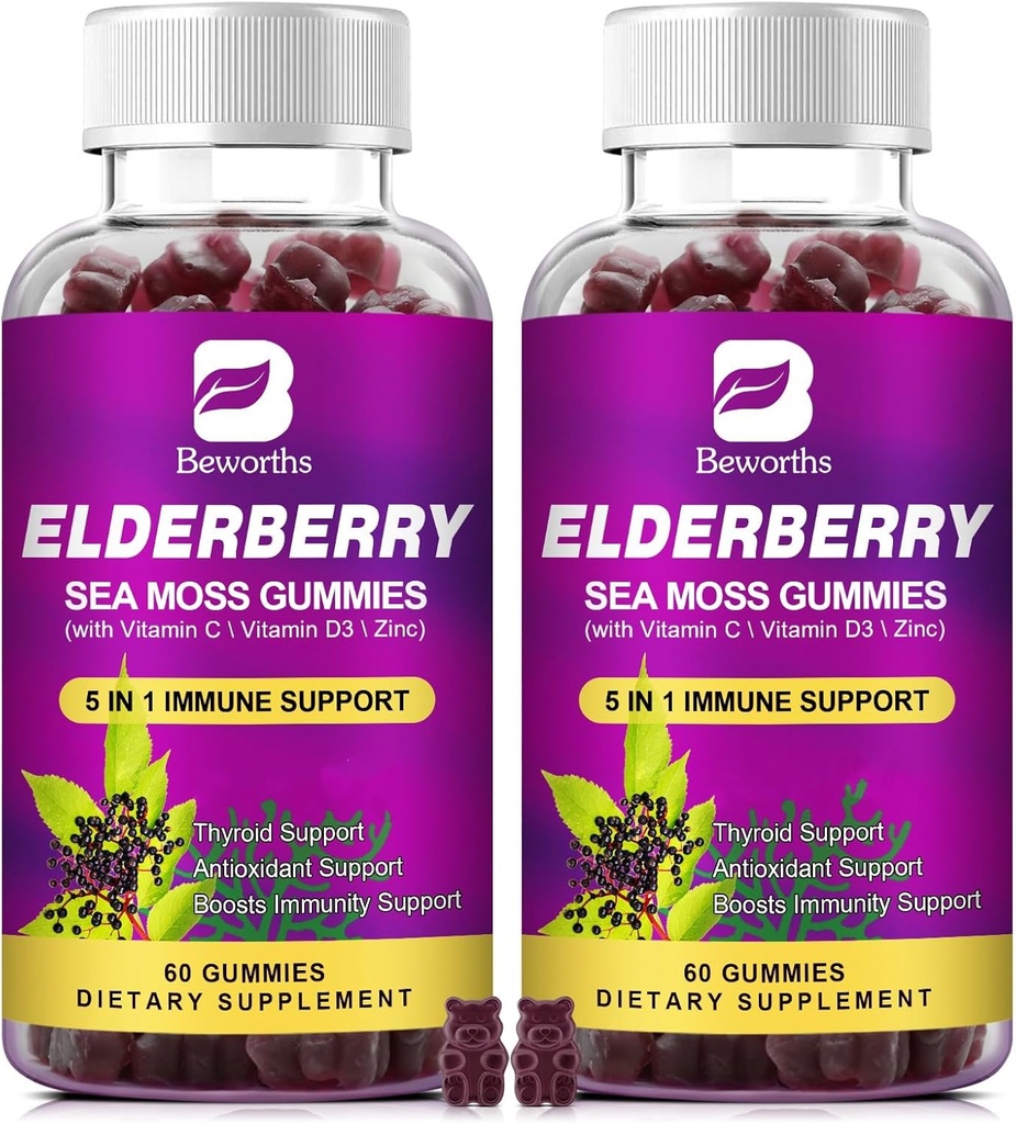 (2 packs Gommies aux mûres aînées et mousse de mer d'Irlande, Gommy aux mûres aînées de Sambucus biologique avec la fumée de mer, zinc, vitamine C, D3, vitamines multivitamines - sans sucre