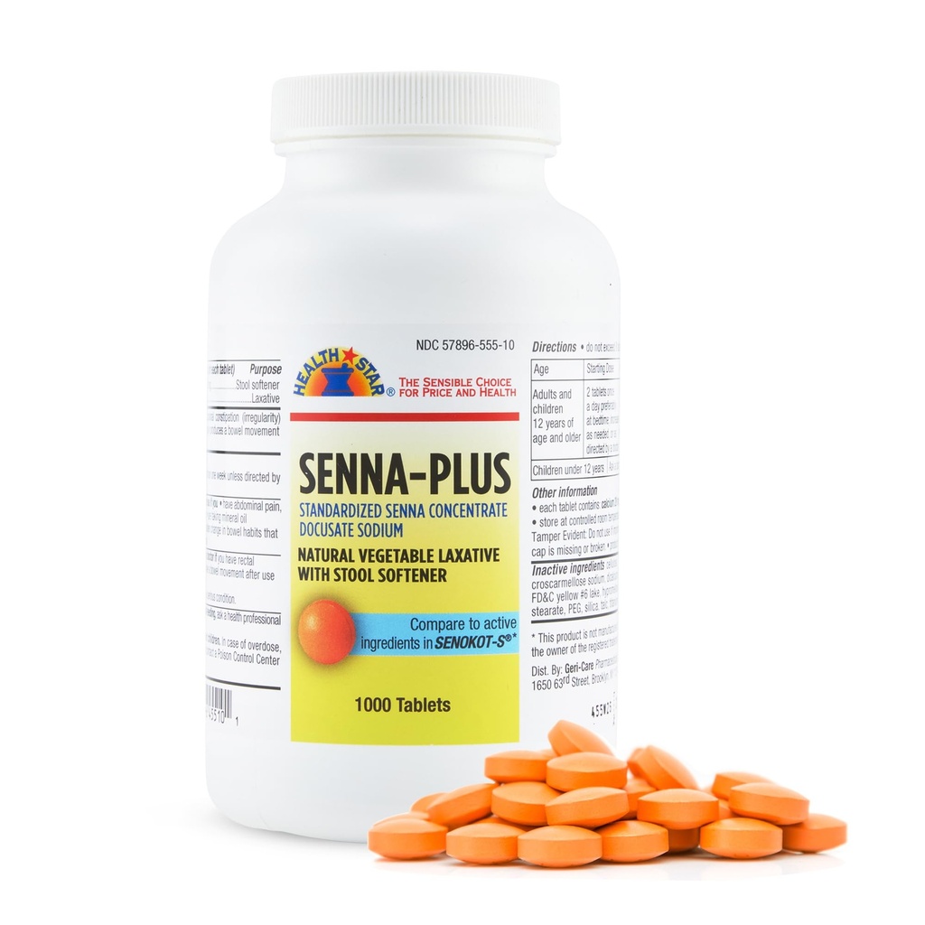 Health Star Senna Plus Laxative & Stool Softener Tablets 50mg / 8.6mg Stärke Natürliche Gemüse stabile Laxative| Gentle Constipation Relief| Docusate Sodium für Bowel Movement (1.000 Tabletten
