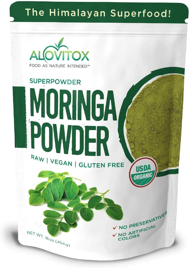 Organic Moringa Oleifera Powder 16 oz | Plant Proteins, Amino Acids, Antioxidants and Vitamins - Energizing Drumstick Leaf Powder | RAW, USDA Organic, Non-GMO, Vegan, Kosher