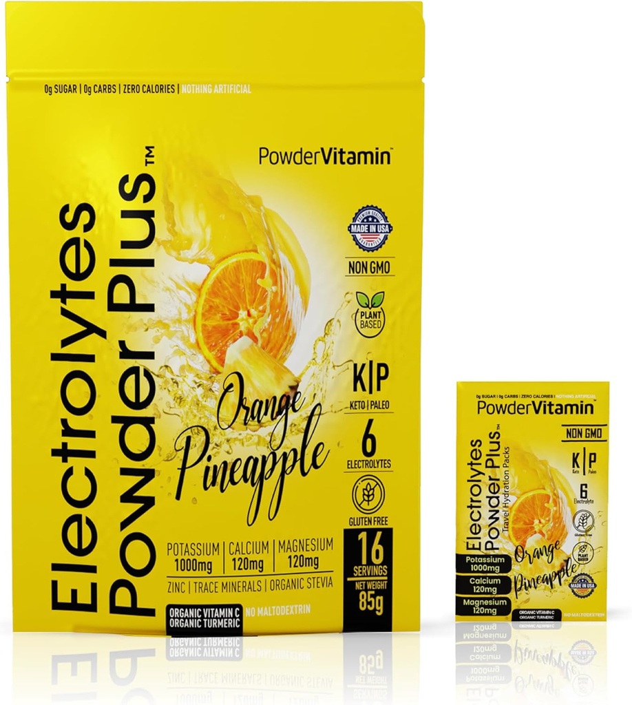 PowderVitamin Elektrolyte Pulver Plus, Keto, Orange Ananas, Zuckerfrei, Rosa Himalaya Salz, 1000mg Kalium, 120mg Calcium, 120mg Magnesium, Non-GMO, Zero Calories, (16 Hydration Packets)