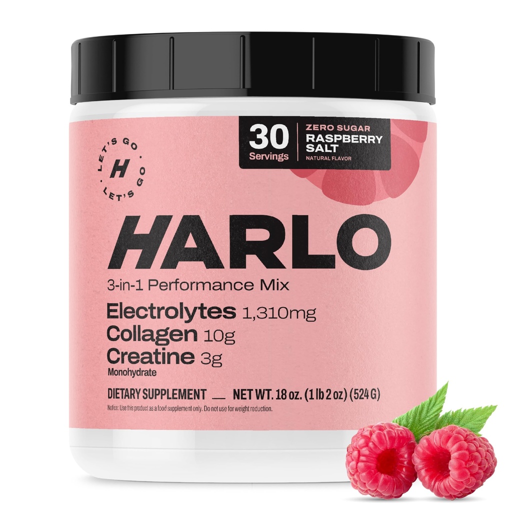 Harlo - Sel de framboise Mélange de boisson électrolytique avec collagène bovine et créatine- Poudre monohydratée de créatine - Poudre de boisson énergétique - Poudre de pré-entraînement - Boissons énergétiques sans sucre - Récupération après entraînement